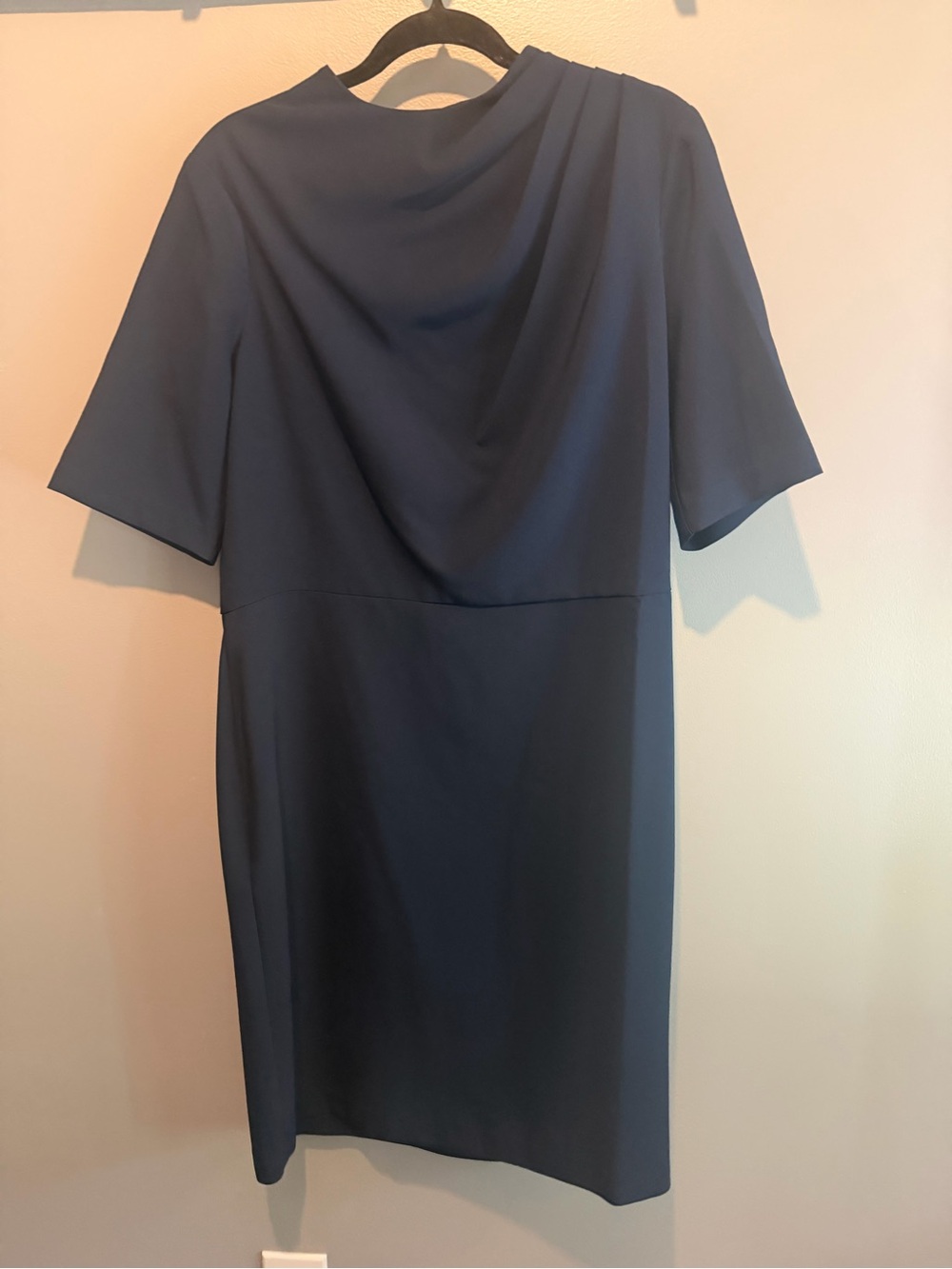 Maggy London Navy Draped Back Midi Sheath Dress